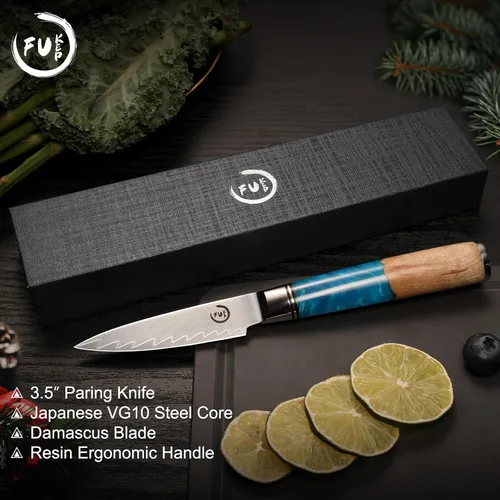 Vista 6 de Cuchillo de pelar de 3.5 pulgadas, cuchillo de pelar de damasco pequeño cuchillo de fruta ultra afilado Damasco VG10 Core acero con 66 capas
