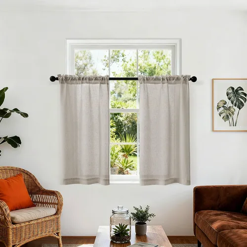 Vista 57 de Cortinas de cocina de lino semitransparente beige de 24 pulgadas de largo, 2 paneles Cream, Cafe Short Curtains, for Bathroom Small Windows, Light