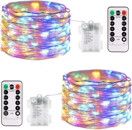 Vista 17 de JMEXSUSS Paquete de 2 Luces de Hadas Verdes a Batería, Total 200 LED 66 pies Luces de Cadena Parpadeantes con Control Remoto, 8 Modos de Luces