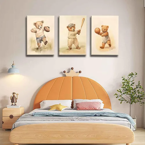Vista 8 de 3 Piezas Arte de Pared en Lienzo de Animales Osito de Peluche Deportivo para Cuarto de Bebé Lindo Oso Bebé del Bosque Rugby Decoración de Pared