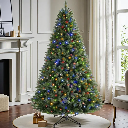 Vista 3 de Árbol de Navidad de abeto preiluminado de 6 pies con control remoto, 300 luces LED de cambio de color blanco cálido multicolor, artificial
