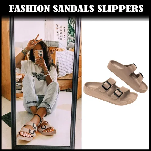 Vista 2 de Athlefit Sandalias de EVA de doble hebilla para mujer, cómodas, de goma, impermeables, de plástico, con dos correas, de espuma