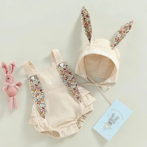 Vista 4 de Traje de Pascua para niñas pequeñas, mameluco bohemio con orejas de conejo, sin mangas, mameluco a juego para hermanas