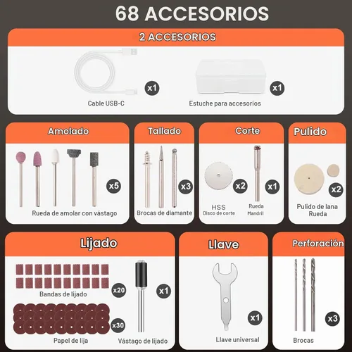 Vista 7 de Herramienta giratoria inalámbrica, kit de amoladora de pantalla Sreen de 6 velocidades con pinza universal y luz LED frontal, 68 accesorios