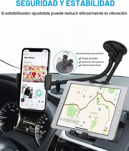 Vista 2 de Soporte doble para tableta de automóvil, parabrisas para ventana de automóvil y soporte para tableta con ventosa de doble brazo largo para iPad