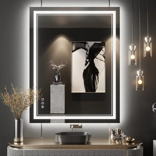 Vista 32 de Espejo de baño LED de 24 x 28 pulgadas, luz frontal y retroiluminada, antiniebla, regulable, espejo de tocador iluminado con memoria, espejo LED