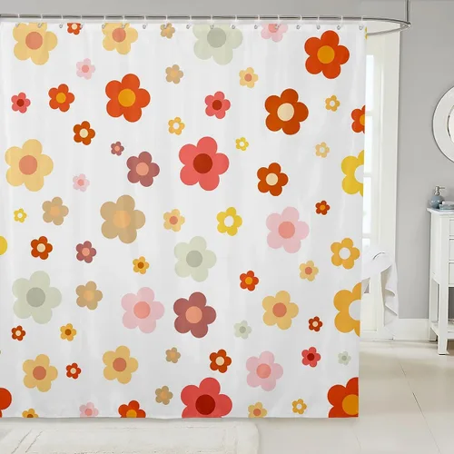 Vista 7 de Cortina de baño de flores de margarita para niños y niñas, cortina de ducha floral para decoración de baño, 72 x 72 pulgadas, retro, floral