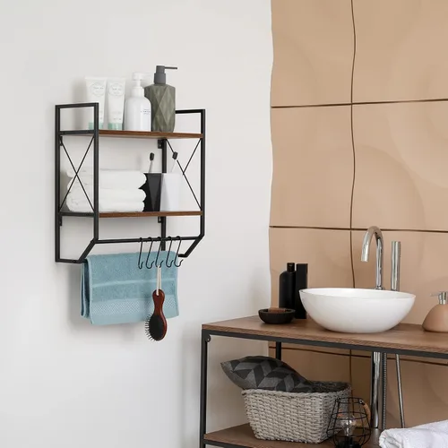 Vista 6 de Toallero de baño de 2 niveles con toallero, toallero rústico con estante para almacenamiento de pared con ganchos sobre estante de inodoro, estante