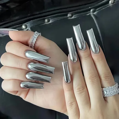 Vista 25 de MISUD Uñas a presión – Uñas cuadradas largas con pegamento rosa y negro, acrílico Y2K diseño de dijes de 24 piezas