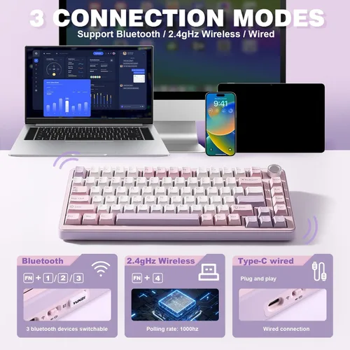 Vista 3 de YUNZII Teclado mecánico inalámbrico B75 PRO, diseño del 75 % con perilla, estructura personalizada de junta de intercambio en caliente