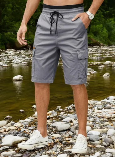 Vista 4 de JMIERR Pantalones cortos de sarga para hombre con cordón de algodón clásico elástico con 6 bolsillos