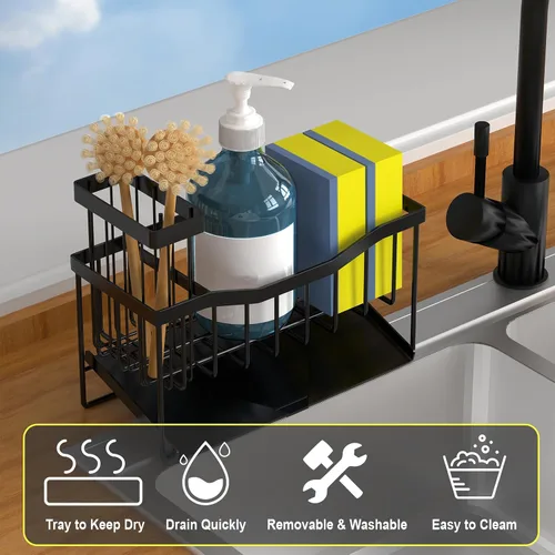 Vista 3 de Fssvcd Maifan Organizador de Fregadero para Cocina con Soporte para Cepillo y Bandeja Autodrenante de Acero Inoxidable, Organizador de Fregadero