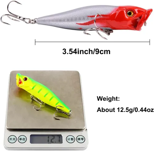 Vista 2 de Señuelos de pesca Popper cebo de pesca Topwater cebos duros ojos 3D Swimbait Crankbait con gancho de agudos para lubina, trucha, agua dulce y salada