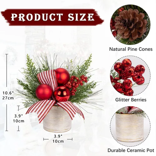 Vista 2 de Hollyone Pequeño árbol de Navidad artificial mini de mesa de 11 pulgadas, decoración de plantas en maceta con adornos de bolas de Navidad, bayas
