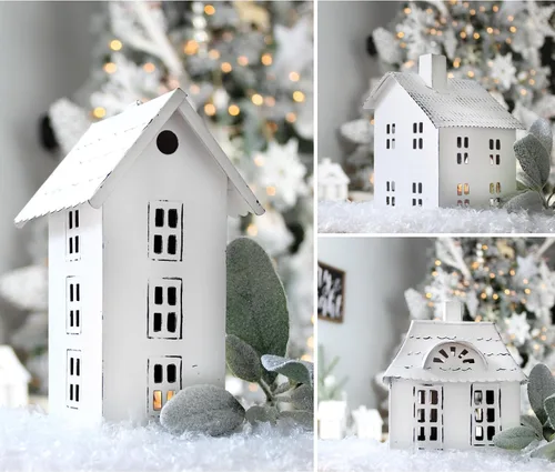 Vista 2 de AuldHome Design Casas de lata decorativas de granja (juego de 3, blanco); linterna de vela decorativa para vacaciones, aldea de Navidad o soporte