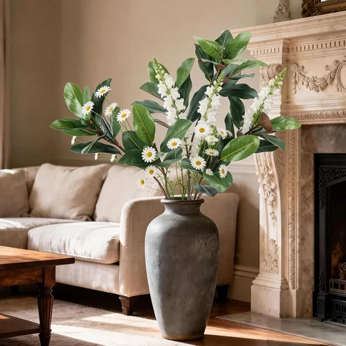 Vista 7 de 3 ramas de magnolia sintética de 32 pulgadas con 17 hojas de vegetación artificial, tallos largos, hojas de plátano falsas realistas, plantas