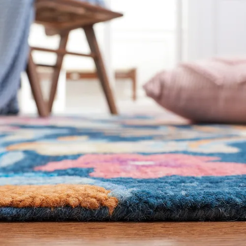 Vista 6 de SAFAVIEH Jardin Collection Alfombra de pasillo, 2 pies 3 pulgadas x 8 pies, azul y rosa, lana floral hecha a mano, ideal para zonas de alto tráfico
