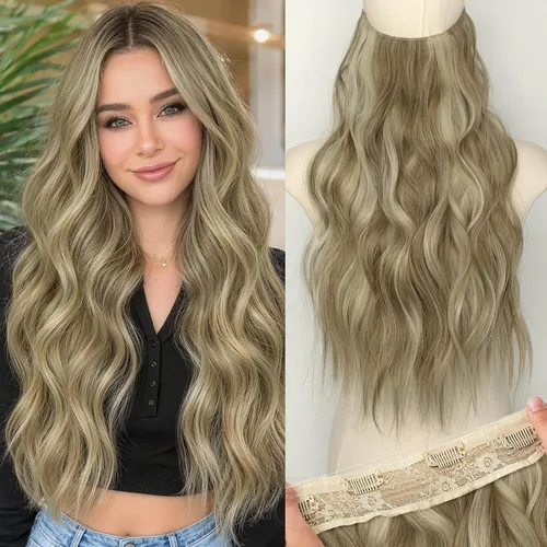 Vista 23 de KooKaStyle Extensiones de cabello de alambre invisible con diadema transparente, tamaño ajustable, 4 clips de seguridad, largo, ondulado, alambre