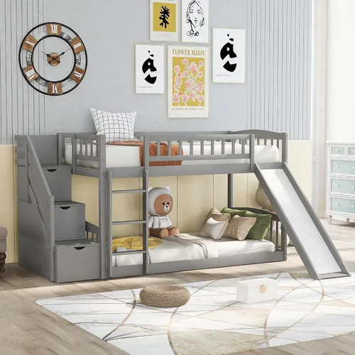 Vista 3 de CITYLIGHT Twin Over Twin Low Bunk Bed with Slide and Storage Stairs, Gray Grey