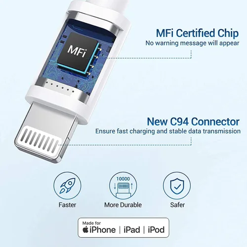 Vista 2 de Cargador para iPhone, [Certificado MFi de Apple], paquete de 2 cables Lightning de 3 pies cubo, cable de transferencia de carga para teléfono