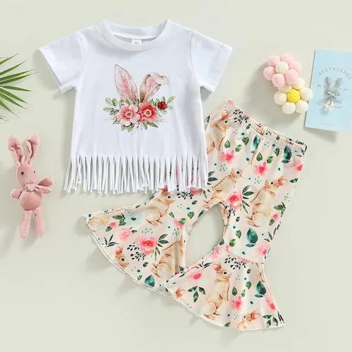 Vista 2 de AEEMCEM Conjunto de 2 piezas de camiseta de Pascua para niña pequeña, camiseta de conejo, camiseta y pantalones acampanados, ropa de Pascua