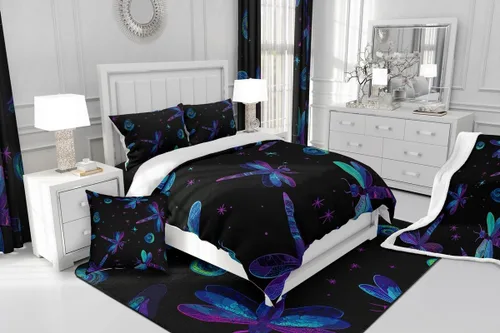 Vista 4 de Juego de ropa de cama con diseño de libélula para mujer, diseño de libélulas color azul y morado, tamaño individual, para niños y niñas, juego