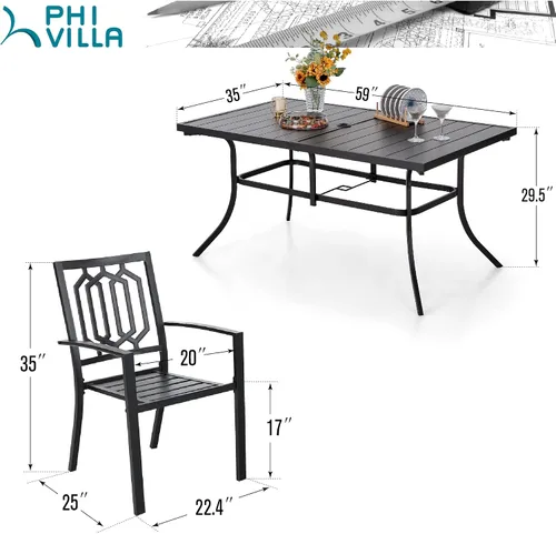 Vista 9 de PHI VILLA Juego de comedor al aire libre de 7 piezas para 6, mesa rectangular de metal negro de 60 pulgadas con agujero para sombrilla y sillas