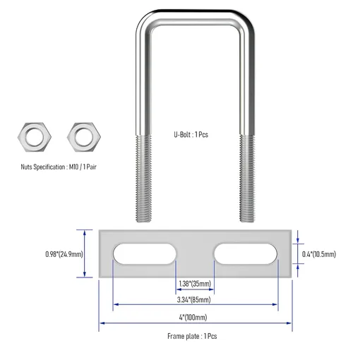Vista 3 de Pernos en U cuadrados de acero inoxidable 304 de 2" (50 mm) de ancho interno, 4.72" (120 mm) de longitud, M10 con tuercas, placa de marco