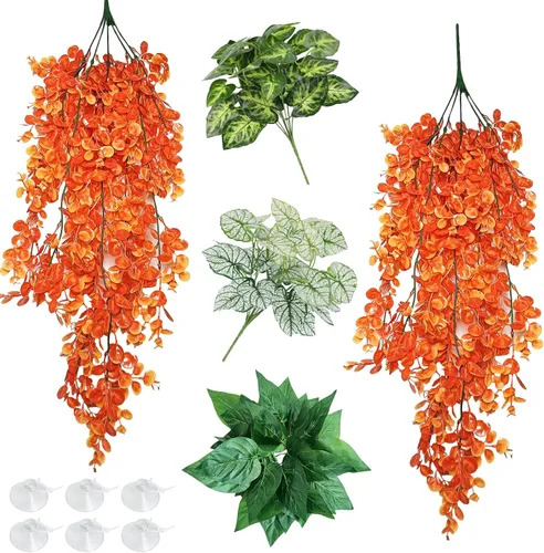 Vista 8 de Hamiledyi Plantas Artificiales para Reptiles, Vid Trepadora Flexible de Selva para Terrario, Rama de Ramas de Plástico Flexibles con Hojas Colgantes