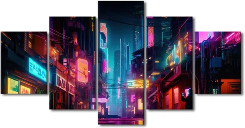 Vista 53 de Póster de 5 paneles en lienzo para decoración de pared, diseño de centro urbano Cyberpunk, impresión moderna, decoración de pared para el hogar