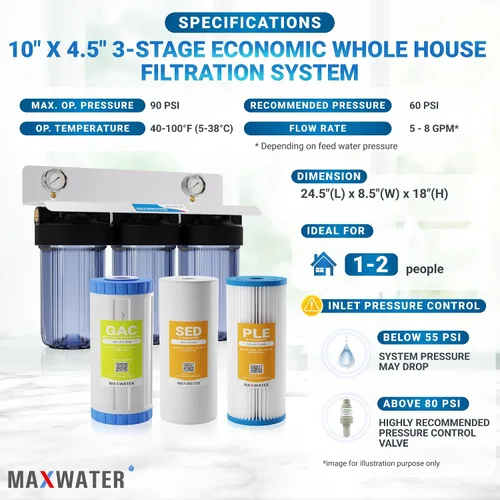 Vista 2 de Max Water Sistema de filtración de agua de 3 etapas (sedimento, olor y mejora el sabor) para toda la casa (10 pulgadas x 4.5 pulgadas), sistema