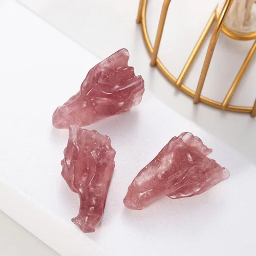 Vista 8 de Estatua de calavera de cabeza de dragón de bolsillo con piedra preciosa natural de cuarzo fresa, escultura de cabeza de dragón tallada con cristal