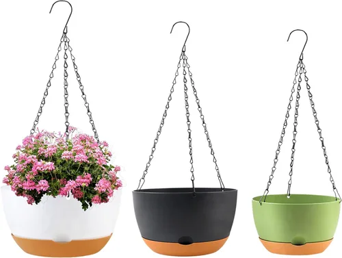 Vista 15 de KPUVX Maceta Colgante de 10 Pulgadas, Macetas de Riego Automático para Plantas de Interior, Paquete de 3 Cestas Colgantes de Plástico con Bandeja