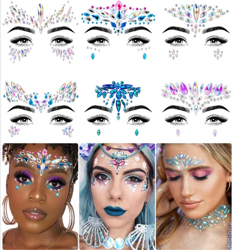 Vista 7 de iMethod - Joyas faciales y purpurina corporal, holográfica de sirena, 12 unidades Pegar en la cara gemas, brillo cosmético de la cara, disfraces
