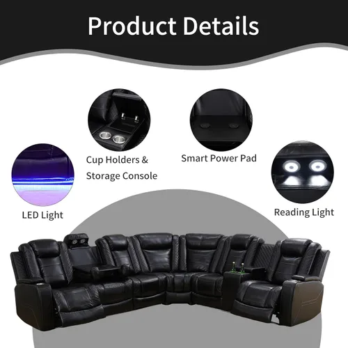 Vista 3 de Sofá modular reclinable eléctrico para sala de estar, moderno juego de sofá modular de cuero negro en forma de L, juego de sofá reclinable