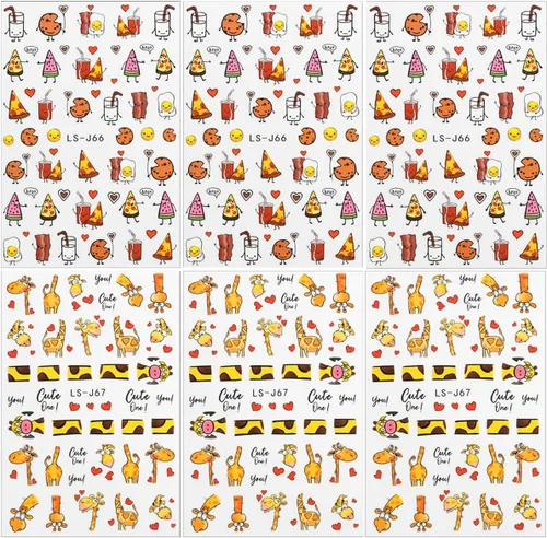 Vista 7 de 6 hojas de calcomanías de uñas de jirafa de dibujos animados 3D, calcomanías autoadhesivas lindas Kawaii para arte de uñas de pizza, bocadillos