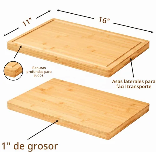 Vista 7 de Allsum Tablas de cortar de madera de bambú para cocina, bloque de carnicero extra grueso de 1 pulgada con ranuras para jugo y asas resistentes a