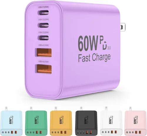 Vista 9 de Bloque de cargador USB C, bloques de carga 5 en 1 de 60 W, cargador rápido PD 3.0, enchufe de pared negro QC 2A, bloque de carga multipuerto tipo C