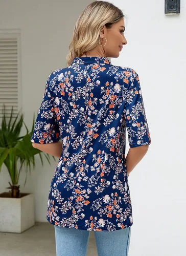 Vista 6 de HOCOSIT - Camiseta de manga corta con olanes y cuello en V con estampado de flores, plisada y abotonada, para mujer
