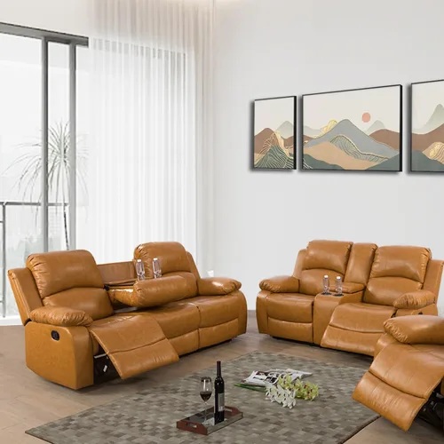 Vista 45 de Juego de muebles de sala de estar, juego de sofá reclinable de cuero, sofá reclinable y sofá biplaza, juego de sofá de cuero beige, juego de muebles