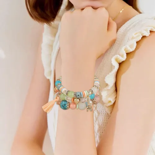 Vista 7 de Juego de pulseras apilables de cuentas para mujer y hombre juego de pulseras elásticas multicapa joyería multicolor aretes largos de perlas