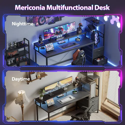 Vista 9 de Mericonia Escritorio para juegos con tomas de corriente y luces LED, escritorio reversible para computadora con soporte para caja de PC, cajones