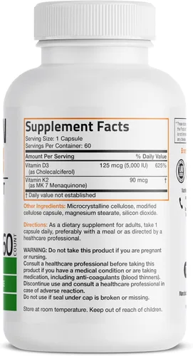 Vista 2 de Bronson Suplemento de Vitamina K2 D3 (MK7) Fórmula No-GMO Vitamina D3 5000IU (125 mcg) y 90 mcg K2 MK-7, Complejo D y K Fácil de Tragar, 60 Cápsulas