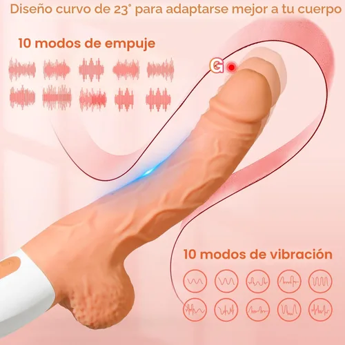 Vista 5 de Máquina sexual de empuje con consolador realista para mujeres con 10 modos de vibración y empuje para estimulación del punto G, clítoris y anal