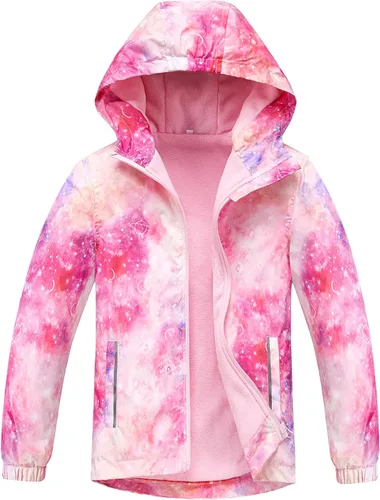 Vista 20 de M2C - Chaqueta ligera impermeable para exteriores con capucha para niñas, forro polar con estampado floral Perla de guepardo