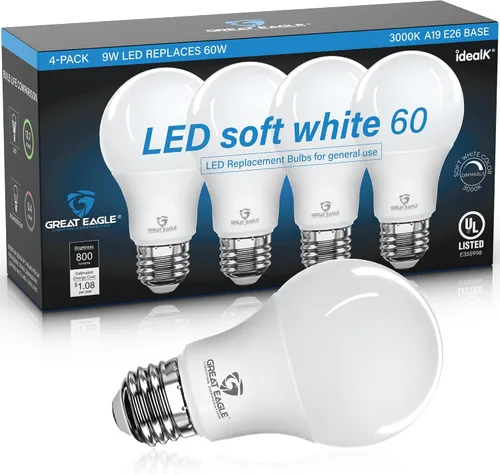 Vista 9 de Great Eagle - Bombilla LED A19, 9 W (equivalente a 60 W), certificación UL, blanco cálido 2700 K, regulable, repuesto estándar (paquete de 4)