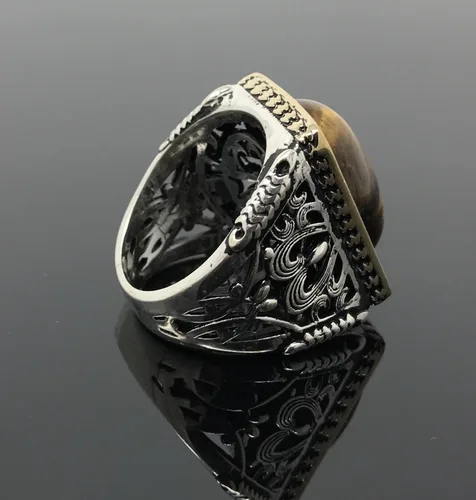 Vista 7 de KAR Anillo grande de plata de ley 925K con sello de ojo de tigre I1P
