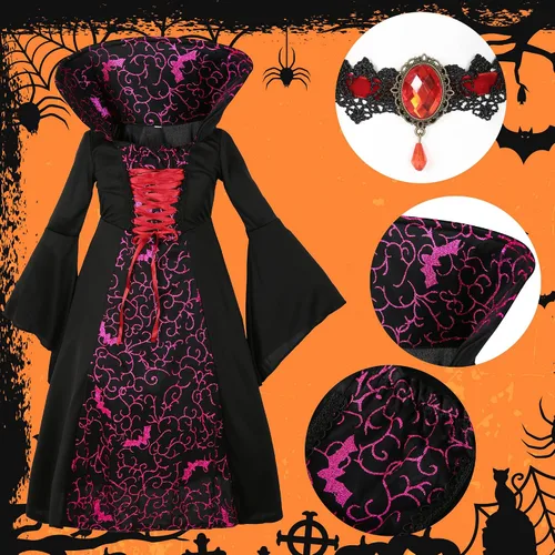 Vista 2 de SOOFILM Vampire Costume for Grils and Women, Gothic Vampires Dress Halloween Adult and Kids Vampire Costumes with Accessories