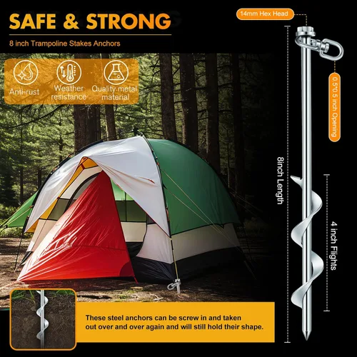 Vista 2 de Hiboom 4 anclajes de tierra con mango en T, llave hexagonal para cama elástica, kit de tornillos de anclaje de tierra, accesorios inflables
