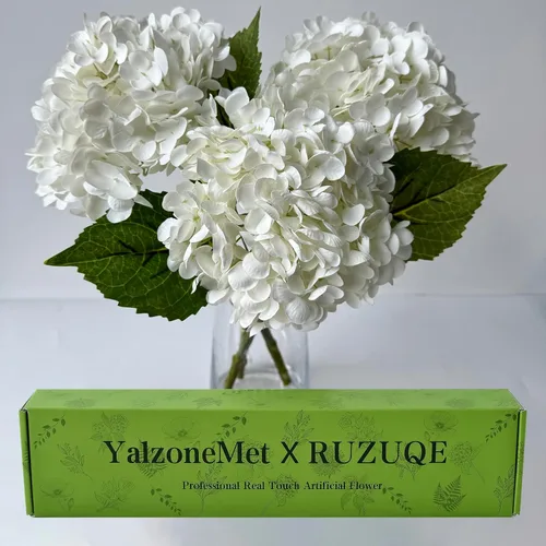 Vista 22 de YalzoneMet 3 unidades de flores artificiales de hortensia color beige cremoso de 21 pulgadas con textura real, flores de látex sintético